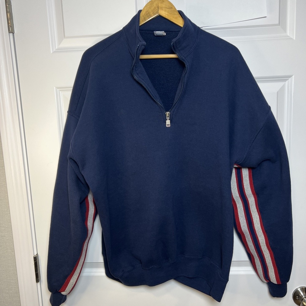 Russell Athletic 1/4 Zip Sweatshirt XXL Navy Red White Stripe Blokecore Vtg 90s - Picture 2 of 13